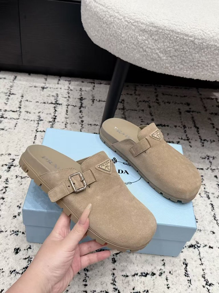 Prada Beige Suede Triangle Logo Buckle Slip-On Mule Clogs